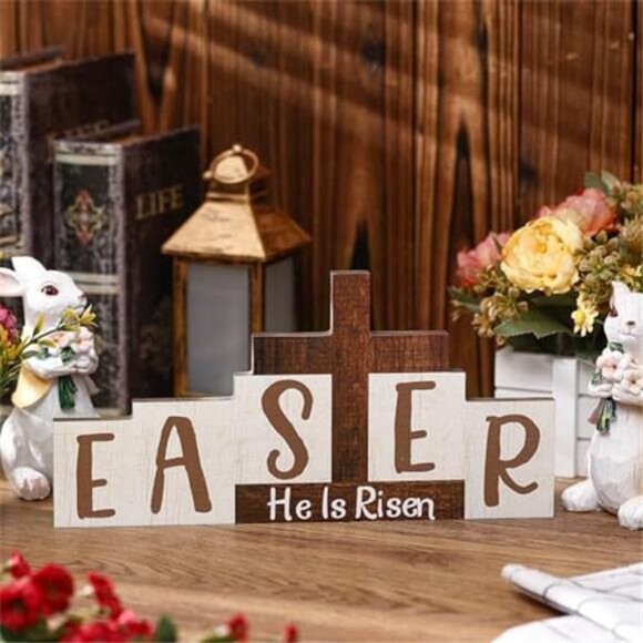 Easter Resurrection Decorations Religious He is Risen Sign Easter Wooden Table - Picture 4 of 6